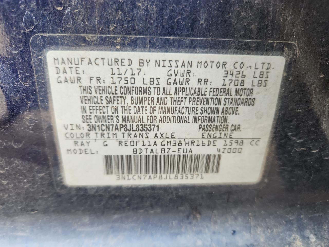 2018 Nissan Versa S VIN: 3N1CN7AP8JL835371 Lot: 81158715