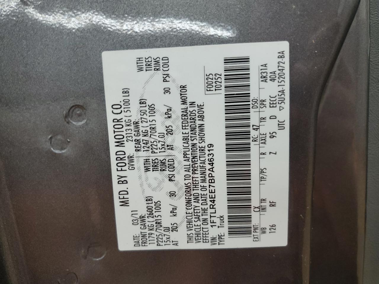 2011 Ford Ranger Super Cab VIN: 1FTLR4EE7BPA46319 Lot: 80581255