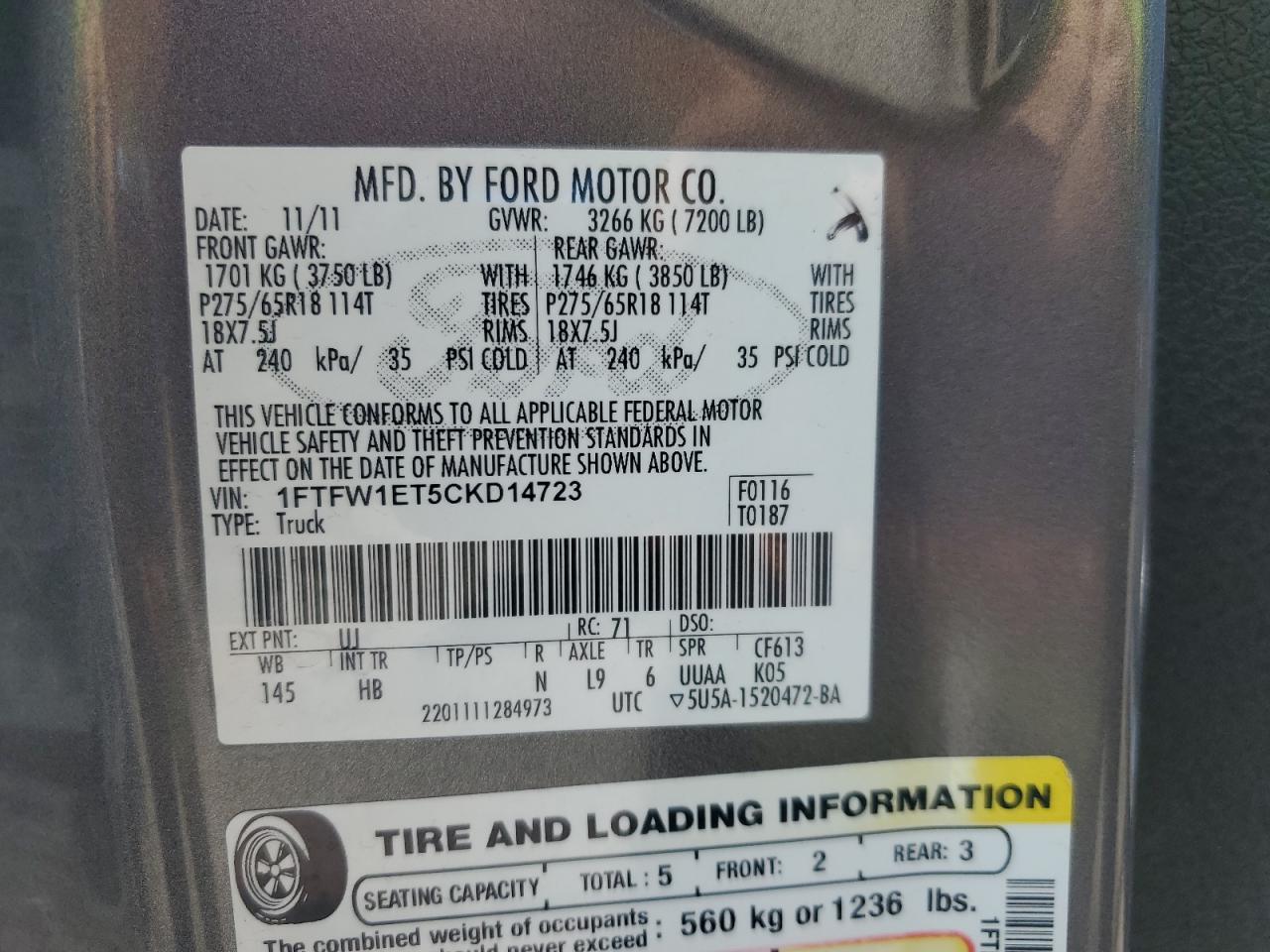 2012 Ford F150 Supercrew VIN: 1FTFW1ET5CKD14723 Lot: 70981995