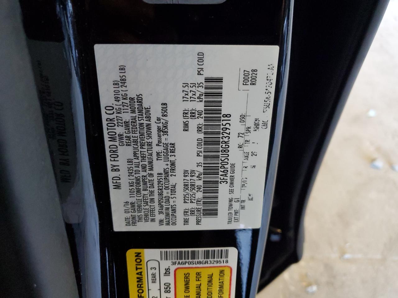 2016 Ford Fusion Titanium Phev VIN: 3FA6P0SU8GR329518 Lot: 81732655