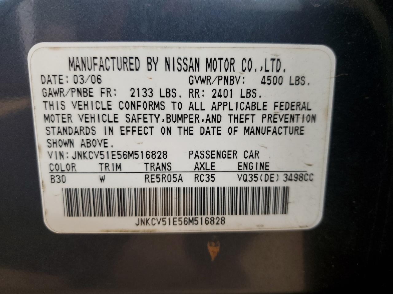 2006 Infiniti G35 VIN: JNKCV51E56M516828 Lot: 81406265