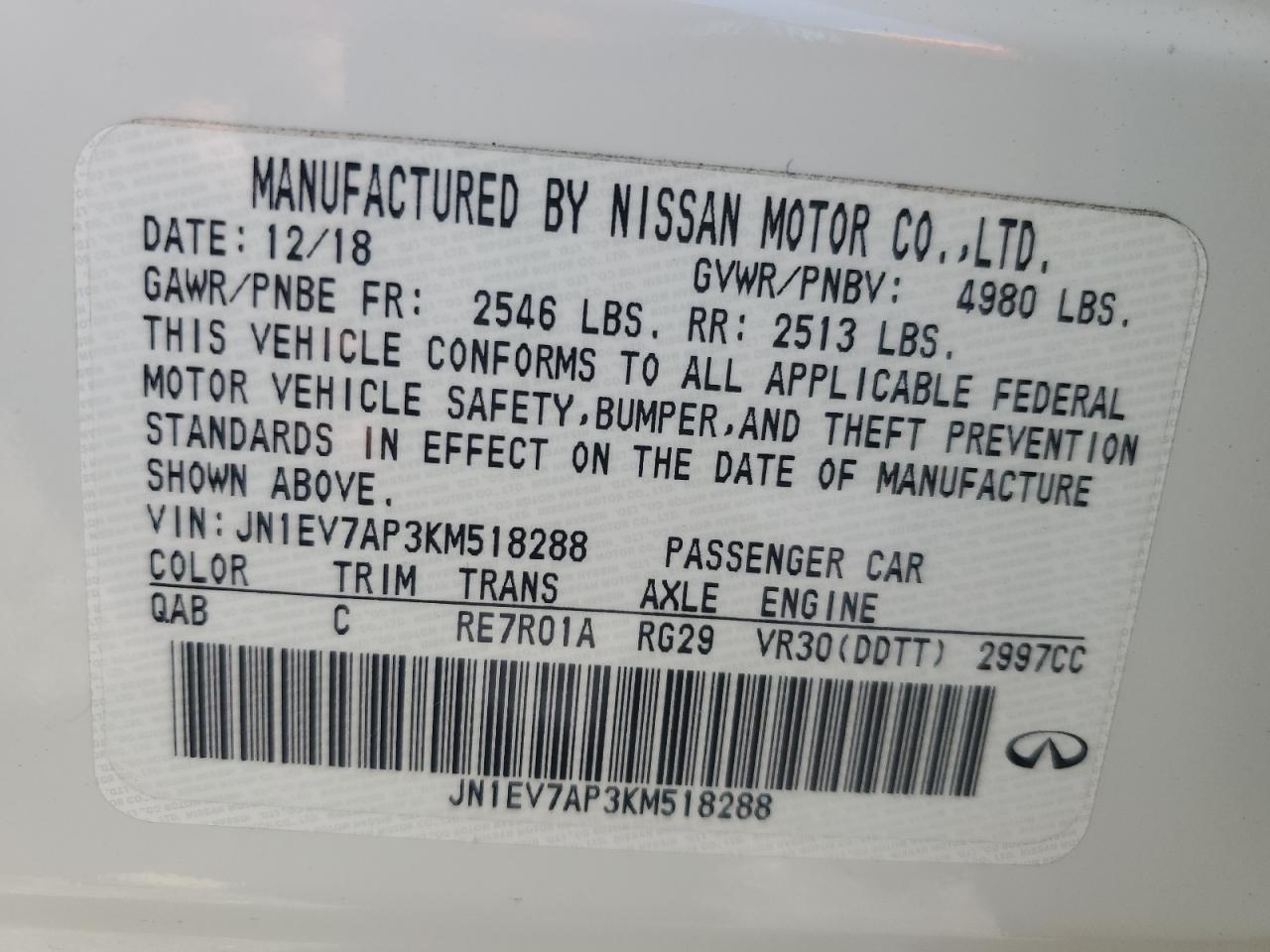 2019 Infiniti Q50 Luxe VIN: JN1EV7AP3KM518288 Lot: 84763865