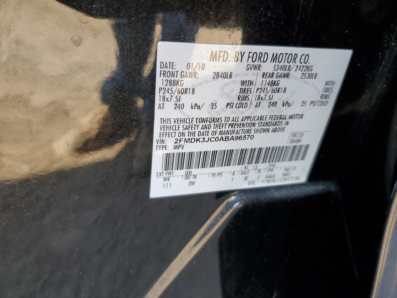 2010 Ford Edge Sel VIN: 2FMDK3JC0ABA96570 Lot: 81422185