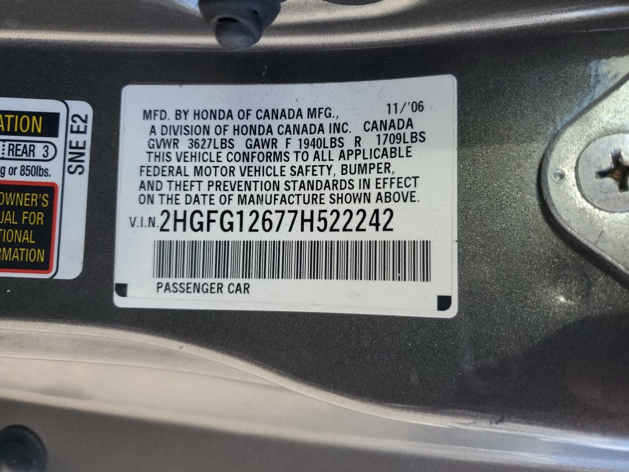 2007 Honda Civic Lx VIN: 2HGFG12677H522242 Lot: 81052885