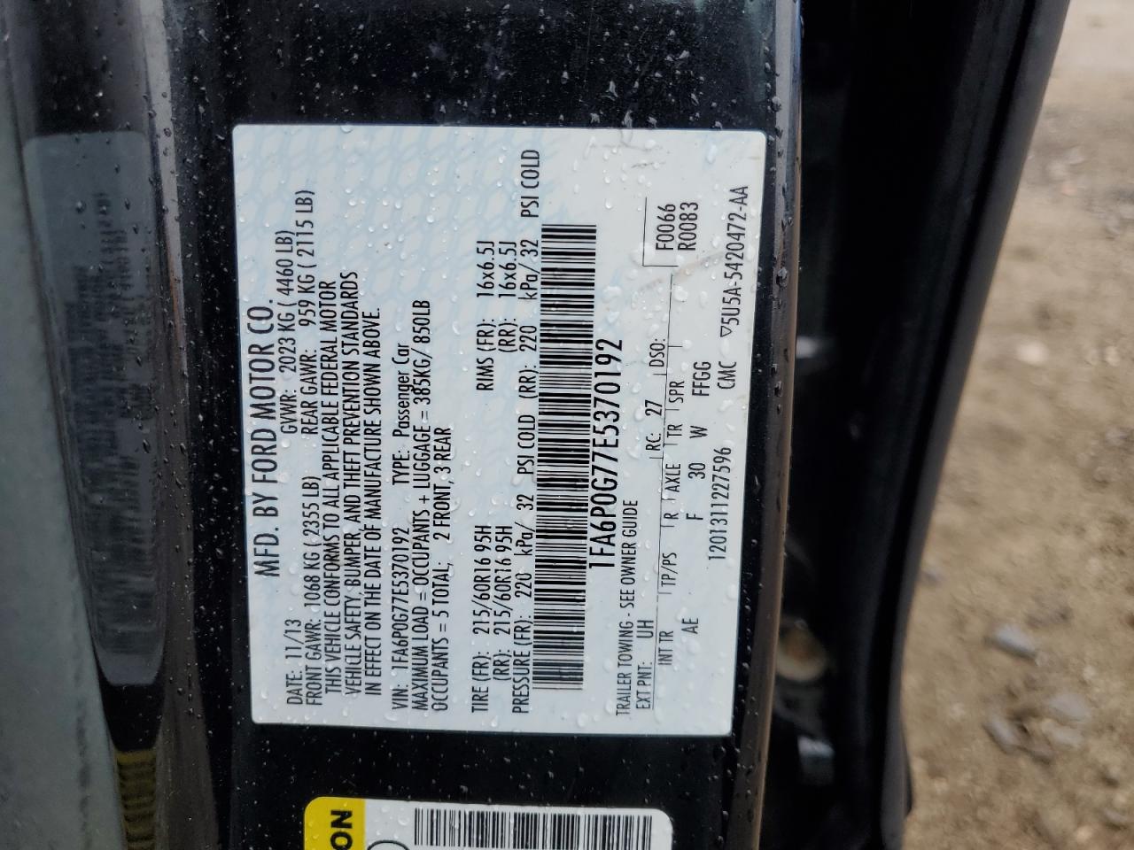 2014 Ford Fusion S VIN: 1FA6P0G77E5370192 Lot: 81641885