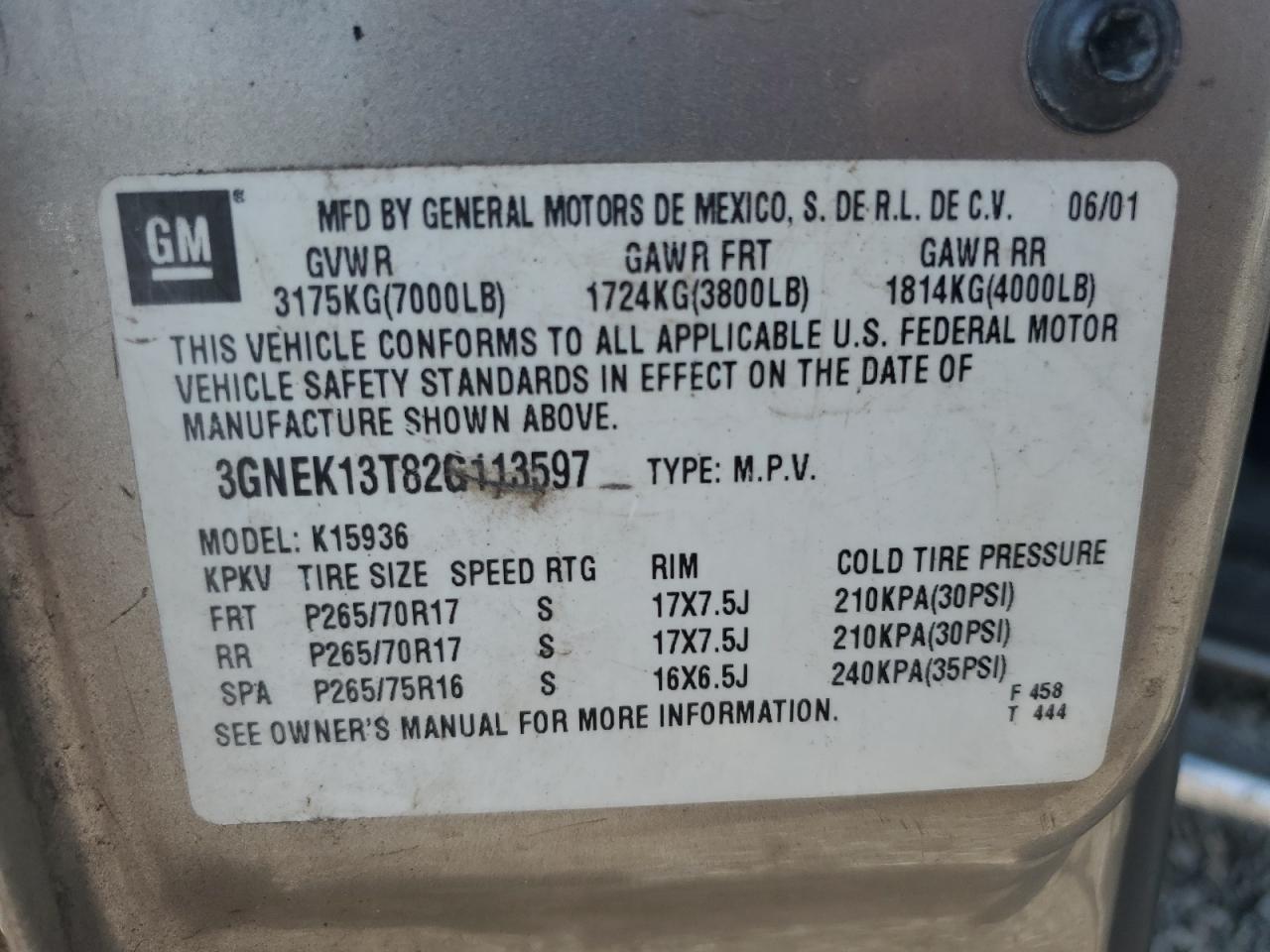 2002 Chevrolet Avalanche K1500 VIN: 3GNEK13T82G113597 Lot: 71925195