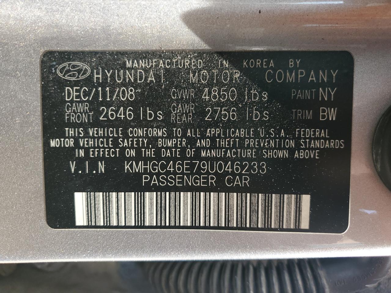 2009 Hyundai Genesis 3.8L VIN: KMHGC46E79U046233 Lot: 80316205