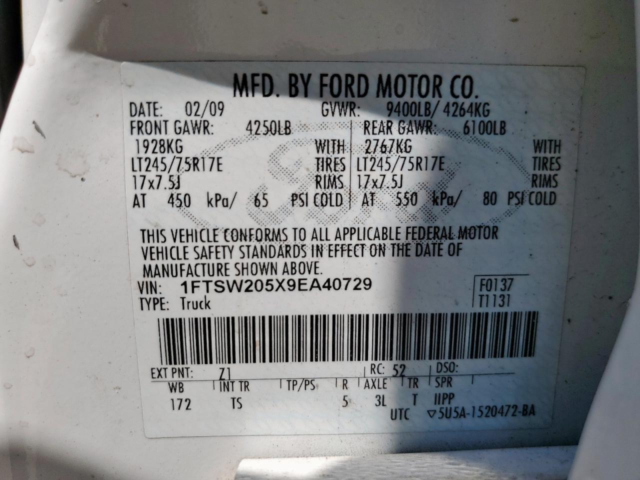 2009 Ford F250 Super Duty VIN: 1FTSW205X9EA40729 Lot: 80520975