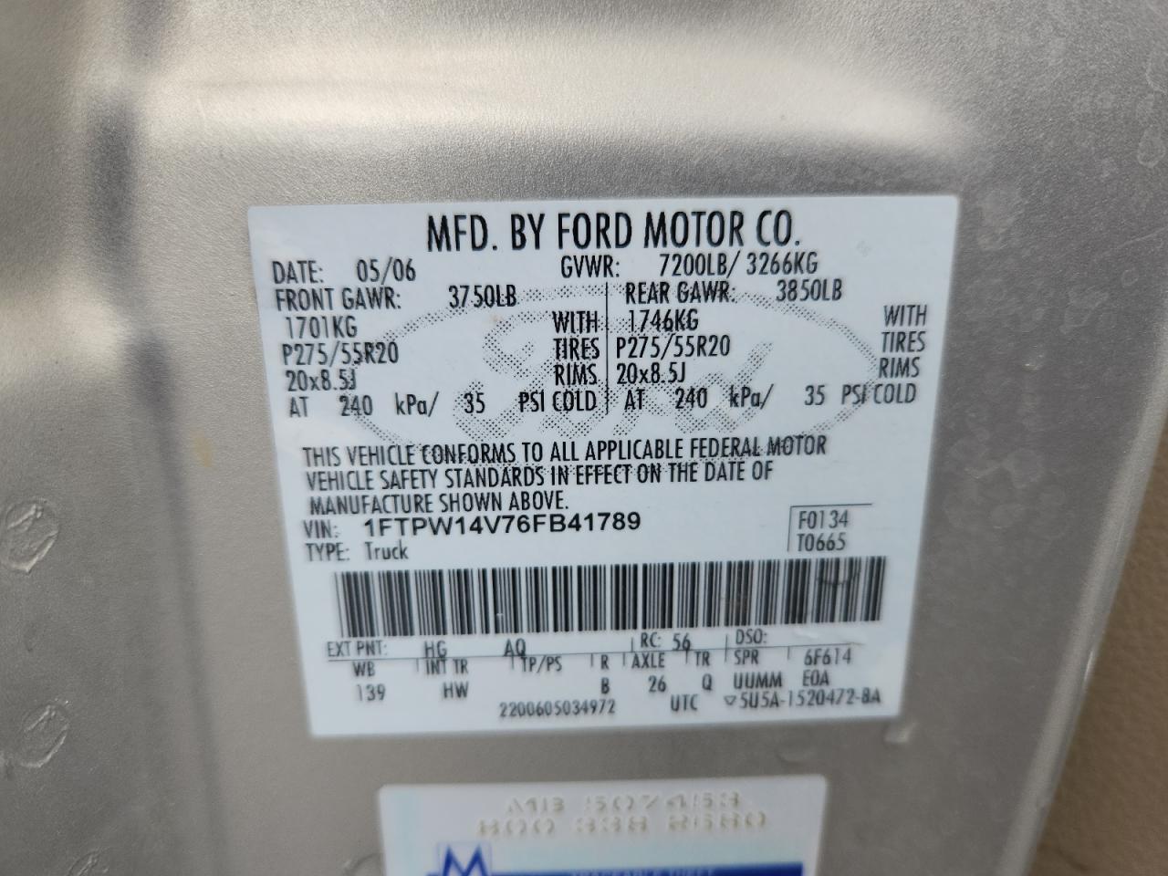 2006 Ford F150 Supercrew VIN: 1FTPW14V76FB41789 Lot: 80581305