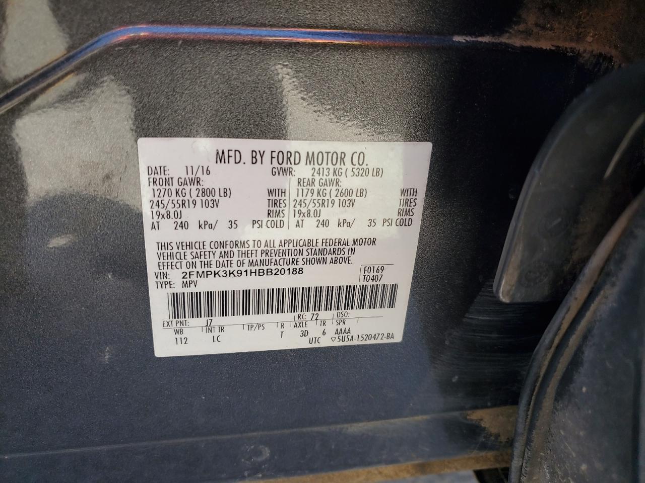 2017 Ford Edge Titanium VIN: 2FMPK3K91HBB20188 Lot: 81627595