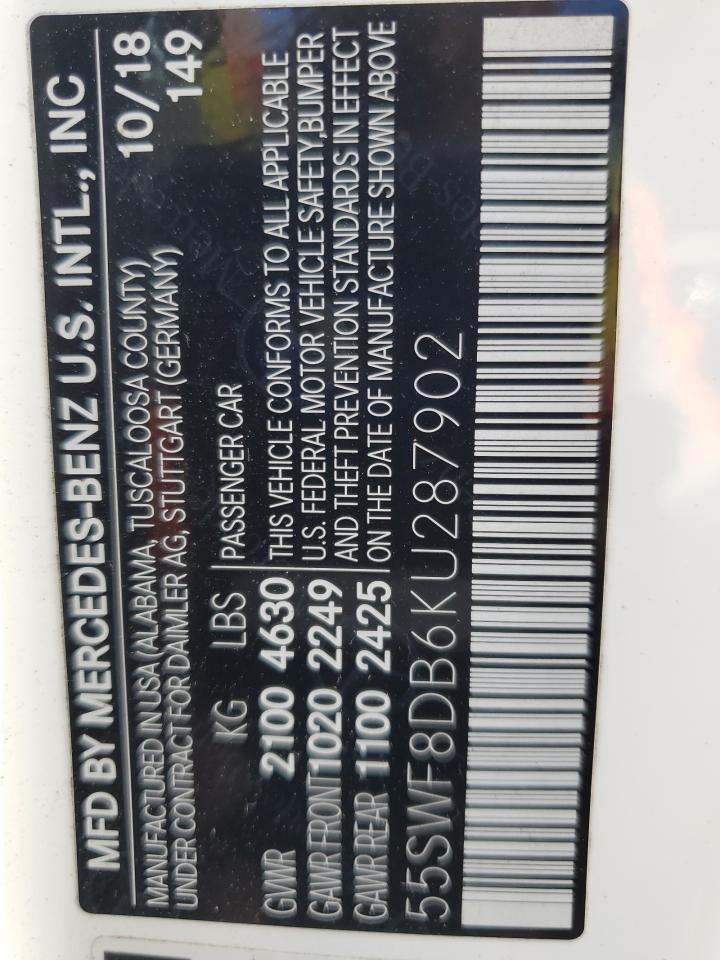 2019 Mercedes-Benz C 300 VIN: 55SWF8DB6KU287902 Lot: 84797355