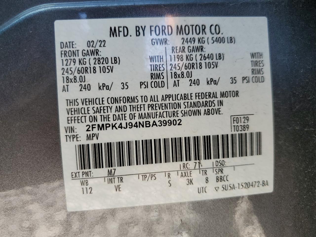 2022 Ford Edge Sel VIN: 2FMPK4J94NBA39902 Lot: 70648325