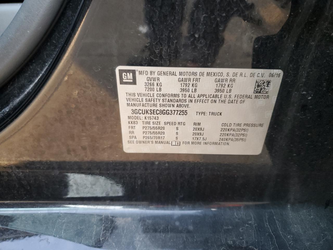 2016 Chevrolet Silverado K1500 Ltz VIN: 3GCUKSEC8GG377255 Lot: 80504585