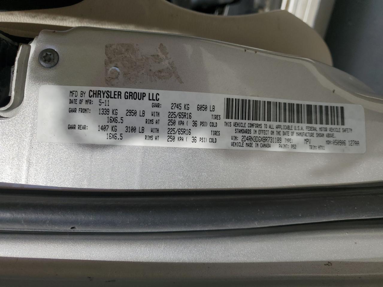 2011 Dodge Grand Caravan Mainstreet VIN: 2D4RN3DGXBR731189 Lot: 81836065