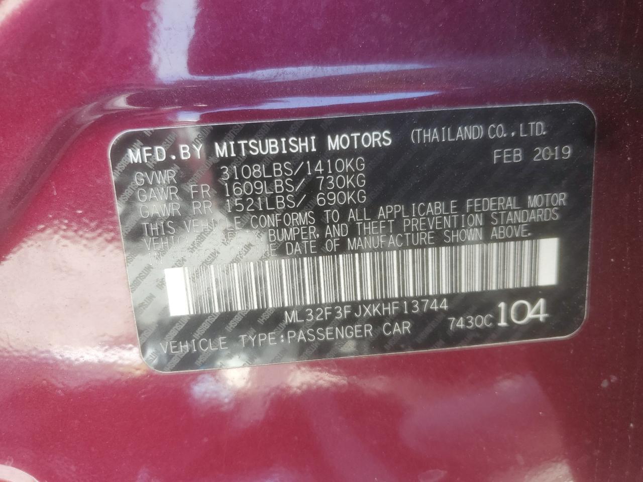 2019 Mitsubishi Mirage G4 Es VIN: ML32F3FJXKHF13744 Lot: 92653825