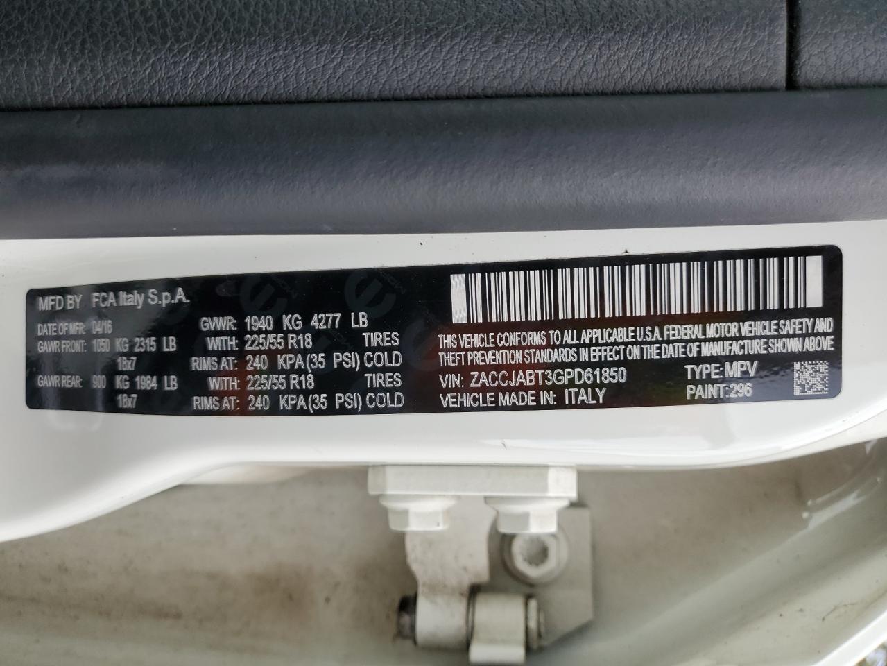 2016 Jeep Renegade Latitude VIN: ZACCJABT3GPD61850 Lot: 82171525