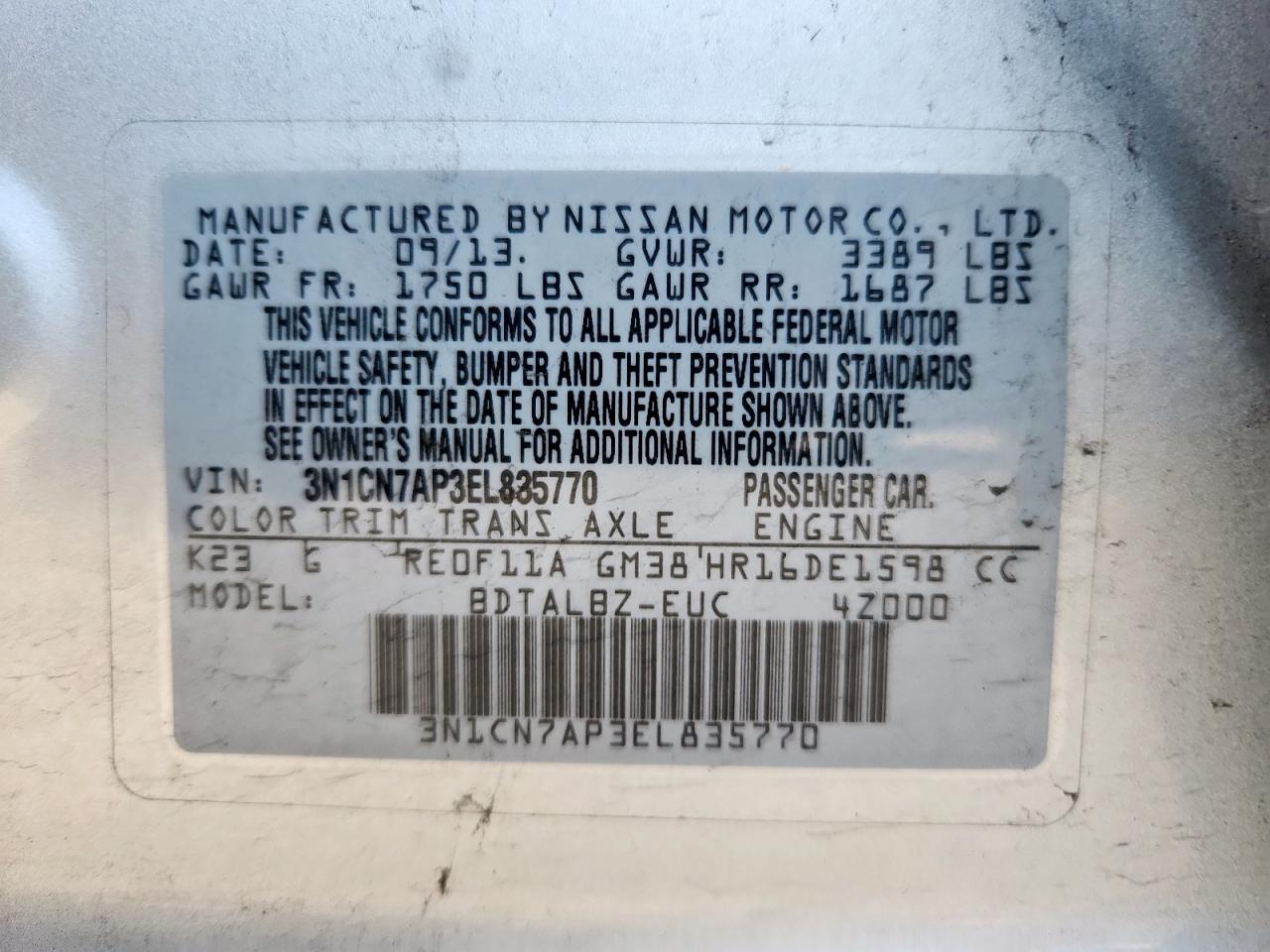 2014 Nissan Versa S VIN: 3N1CN7AP3EL835770 Lot: 81627275