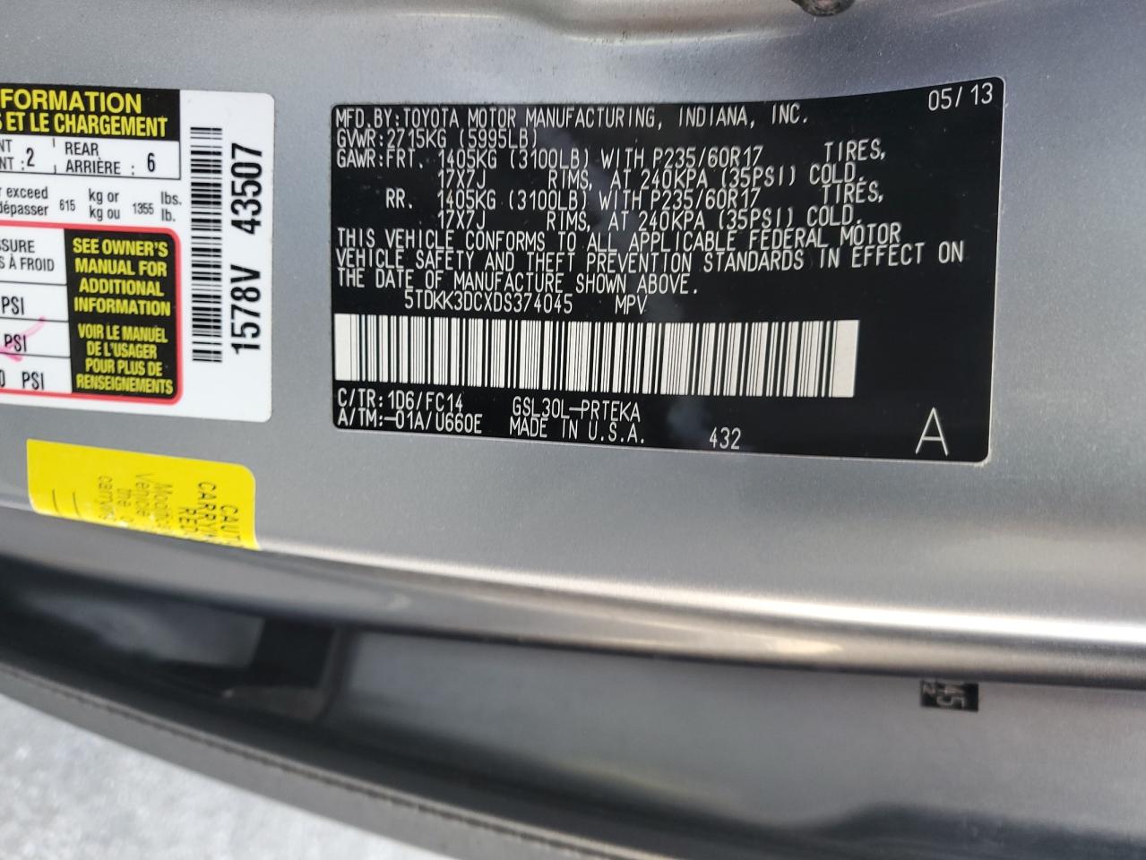 2013 Toyota Sienna Le VIN: 5TDKK3DCXDS374045 Lot: 83848195