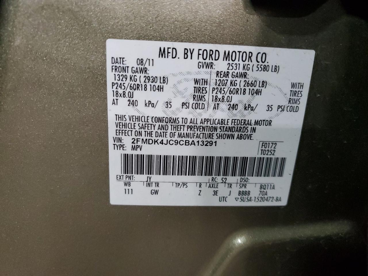 2012 Ford Edge Sel VIN: 2FMDK4JC9CBA13291 Lot: 71737235