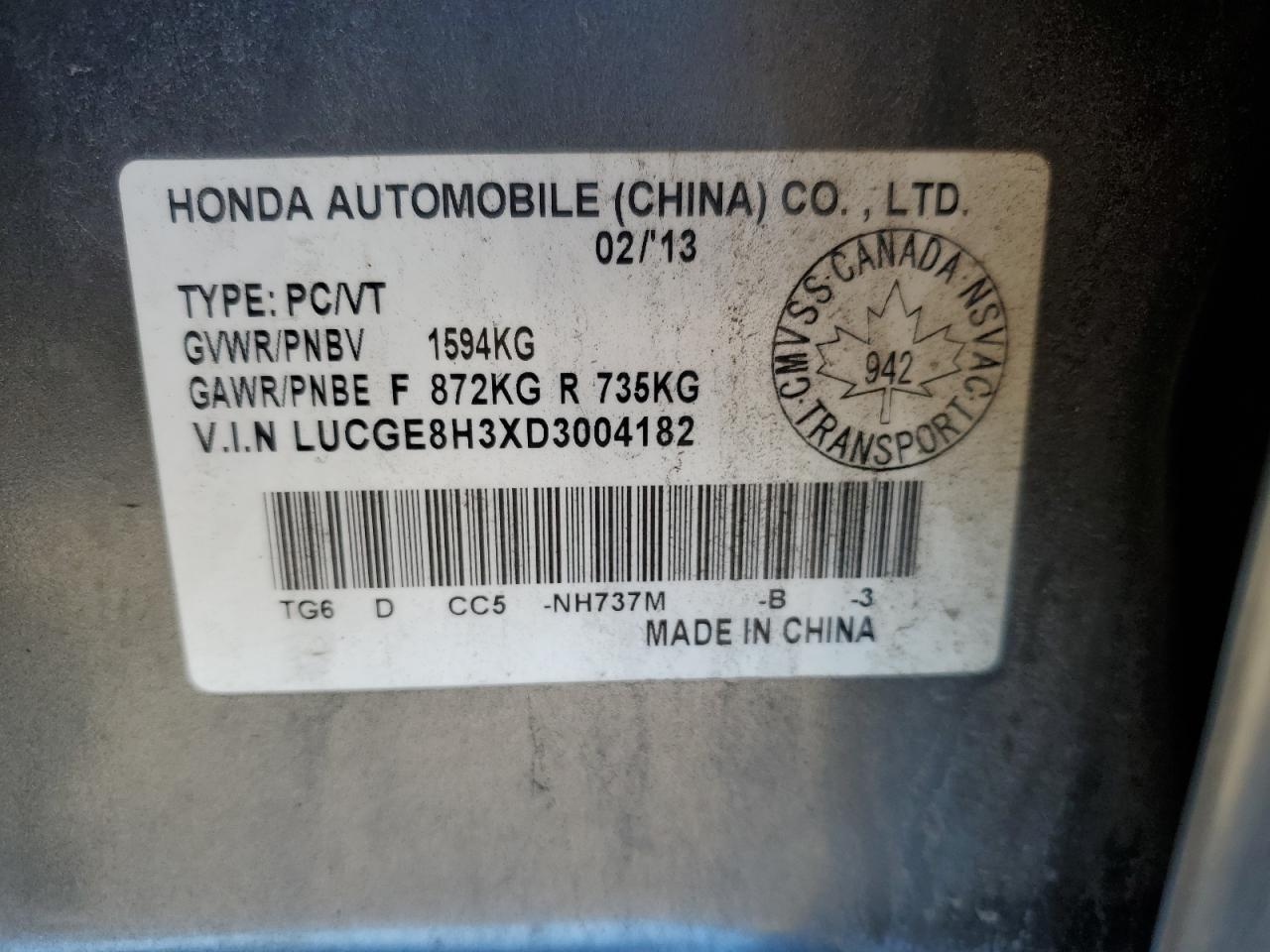 2013 Honda Fit Dx-A VIN: LUCGE8H3XD3004182 Lot: 84290895