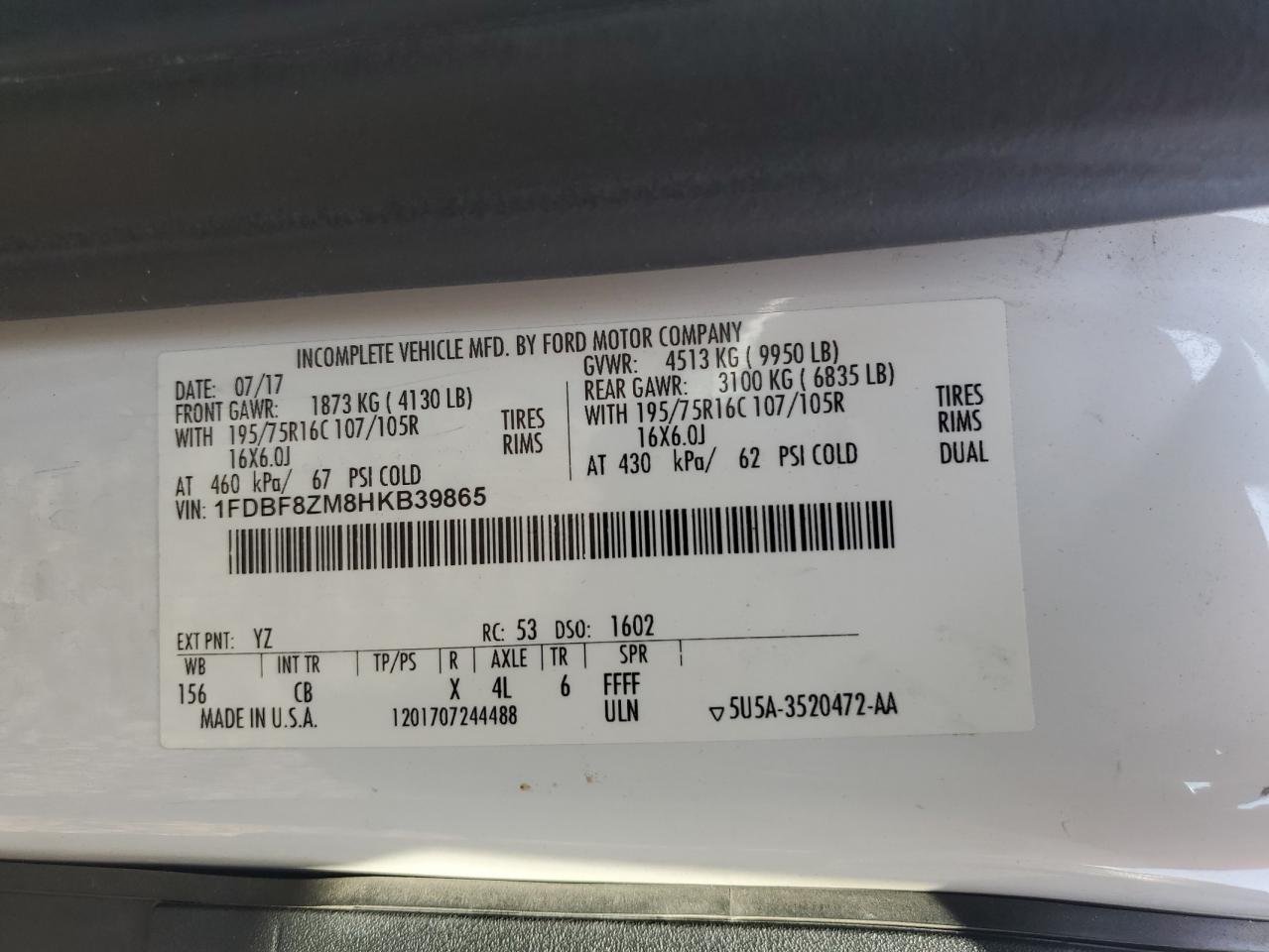 2017 Ford Transit T-350 Hd VIN: 1FDBF8ZM8HKB39865 Lot: 69419915