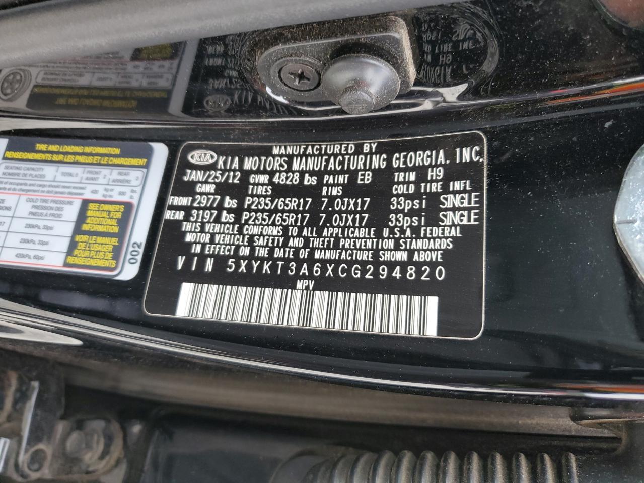 2012 Kia Sorento Base VIN: 5XYKT3A6XCG294820 Lot: 81463805