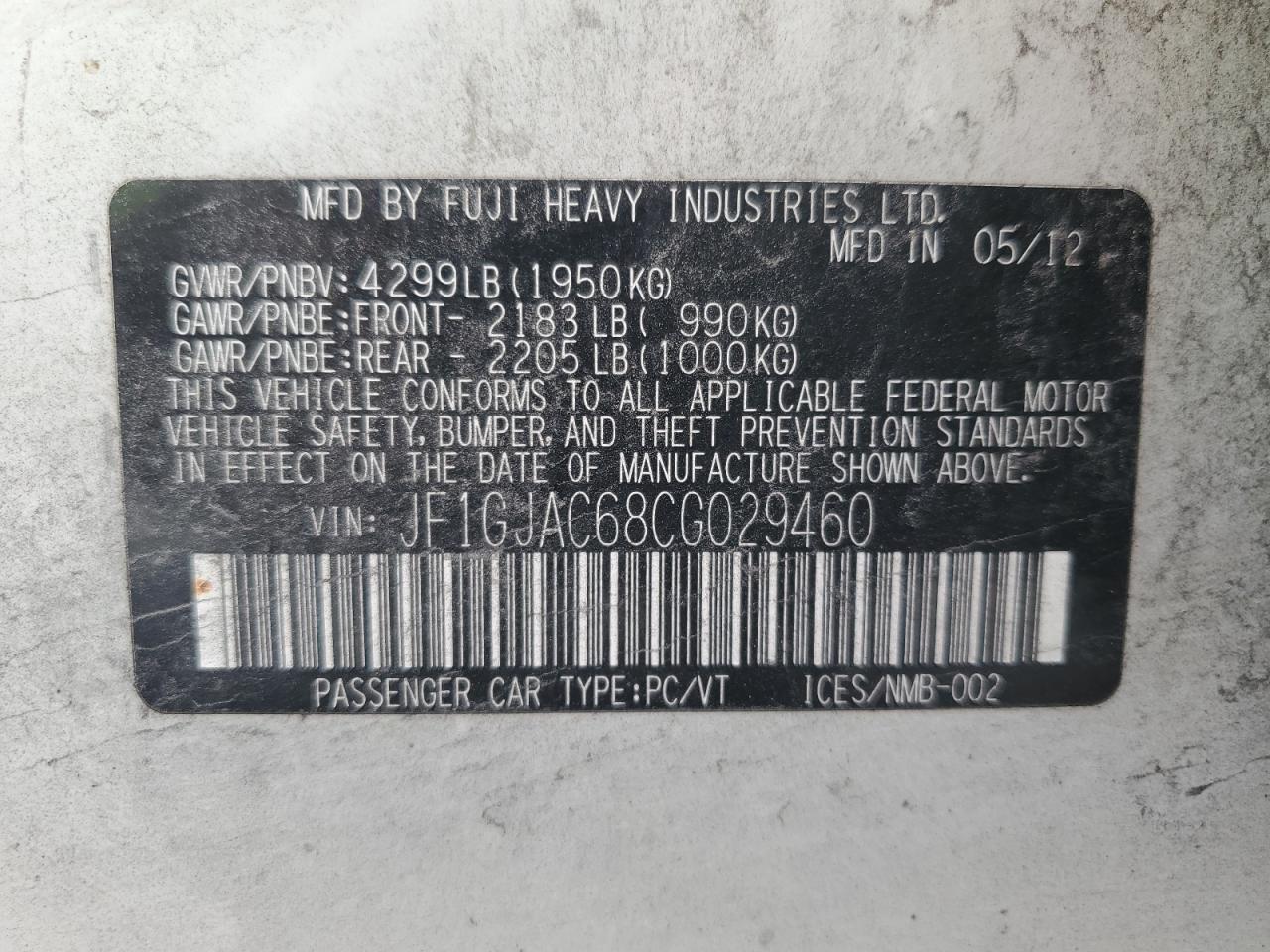 2012 Subaru Impreza Premium VIN: JF1GJAC68CG029460 Lot: 80791935