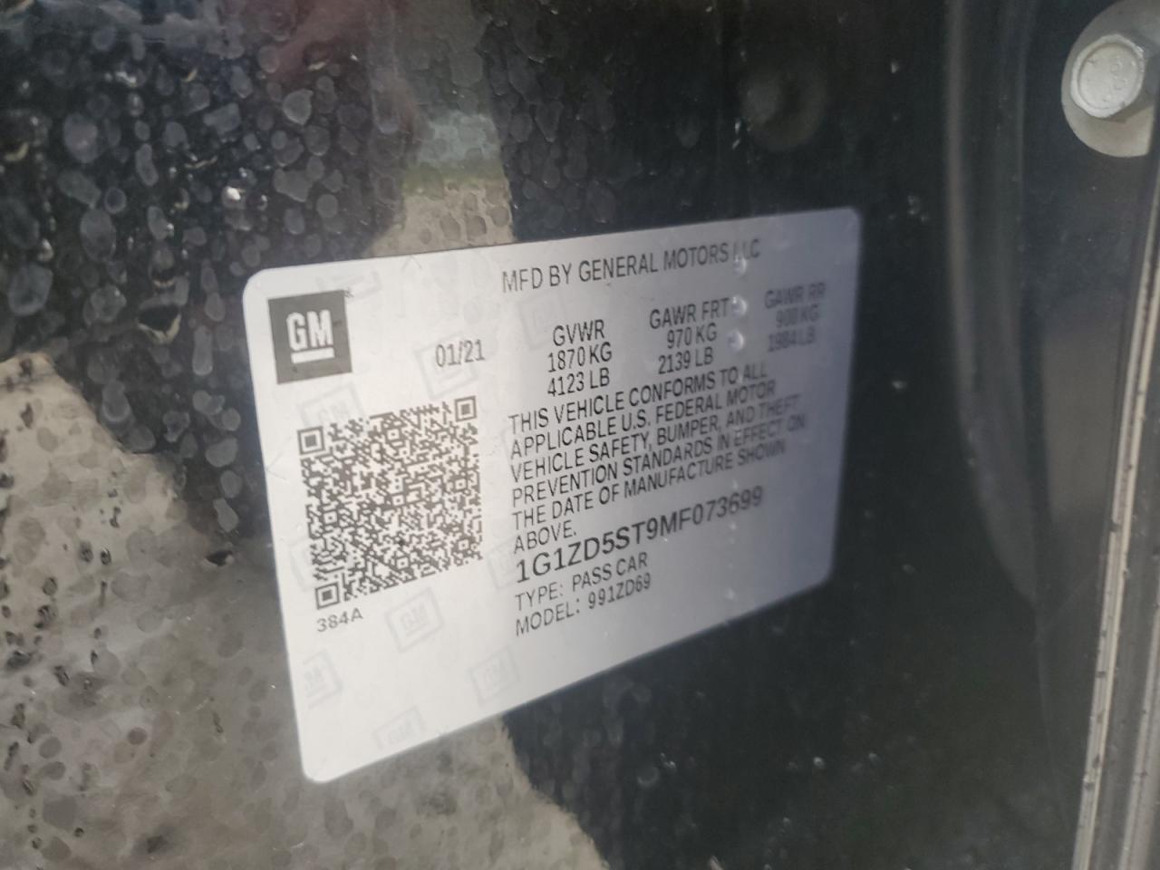 2021 Chevrolet Malibu Lt VIN: 1G1ZD5ST9MF073699 Lot: 84383415