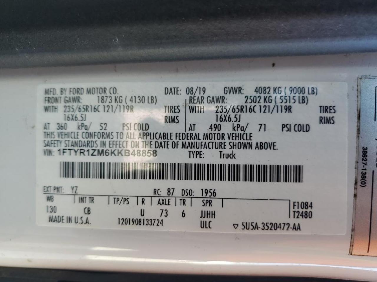 2019 Ford Transit Van VIN: 1FTYR1ZM6KKB48858 Lot: 80435265