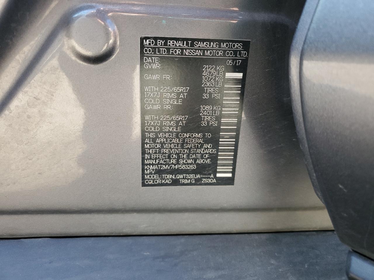 2017 Nissan Rogue S VIN: KNMAT2MV7HP583263 Lot: 81257225