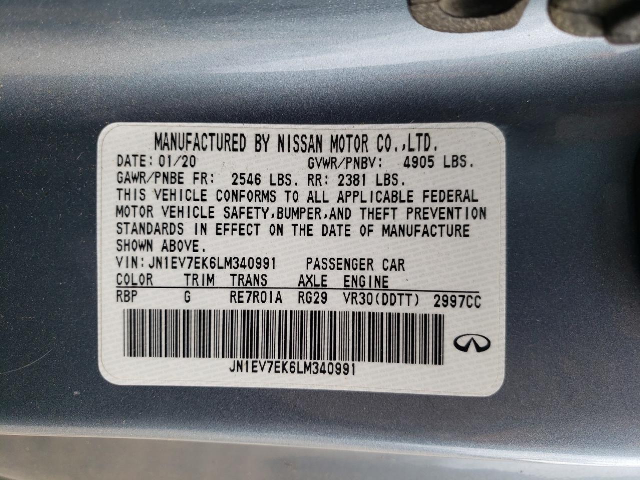 2020 Infiniti Q60 Pure VIN: JN1EV7EK6LM340991 Lot: 80517085