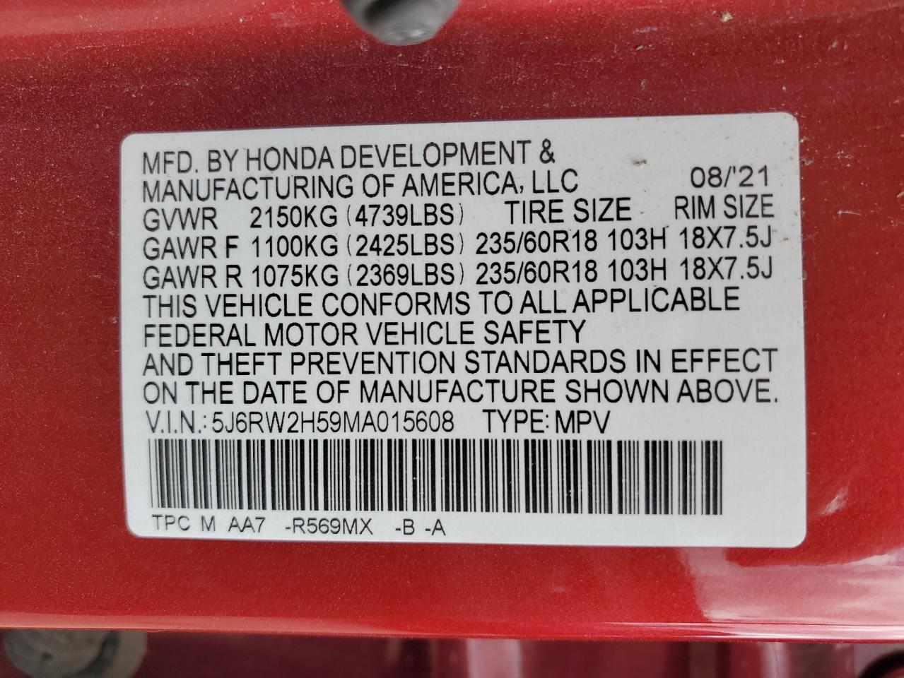 2021 Honda Cr-V Ex VIN: 5J6RW2H59MA015608 Lot: 70826275
