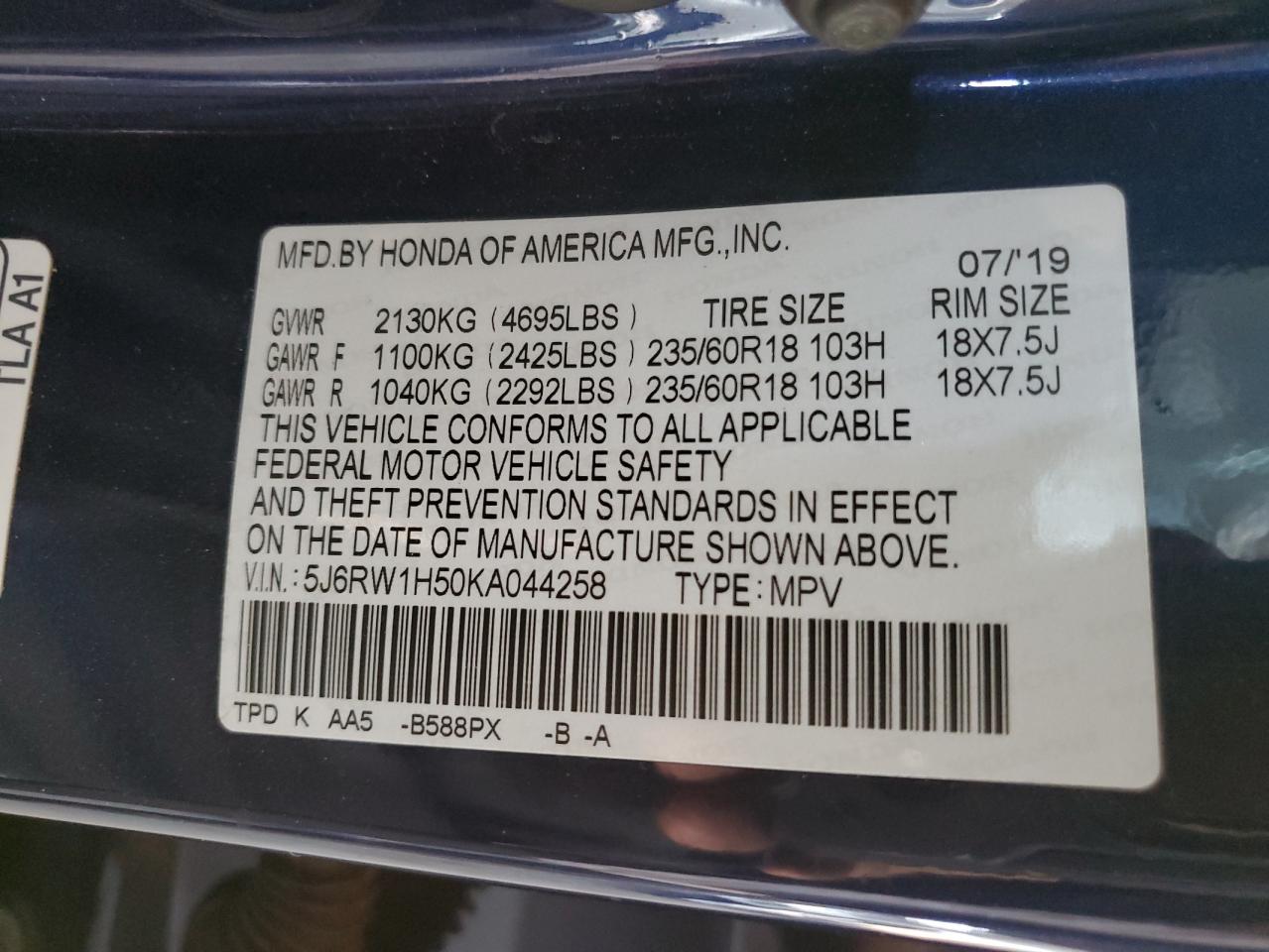 2019 Honda Cr-V Ex VIN: 5J6RW1H50KA044258 Lot: 81732085