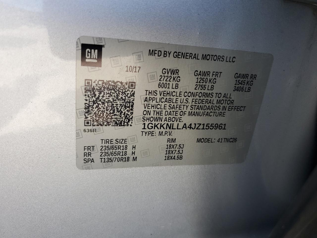 2018 GMC Acadia Sle VIN: 1GKKNLLA4JZ155961 Lot: 80453495