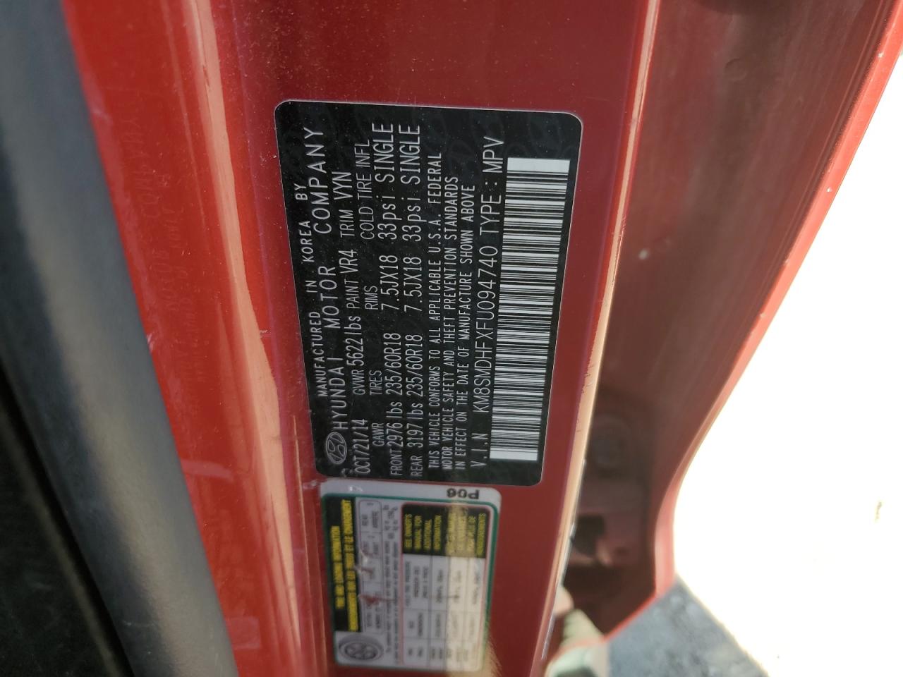 2015 Hyundai Santa Fe Gls VIN: KM8SMDHFXFU094740 Lot: 81831745