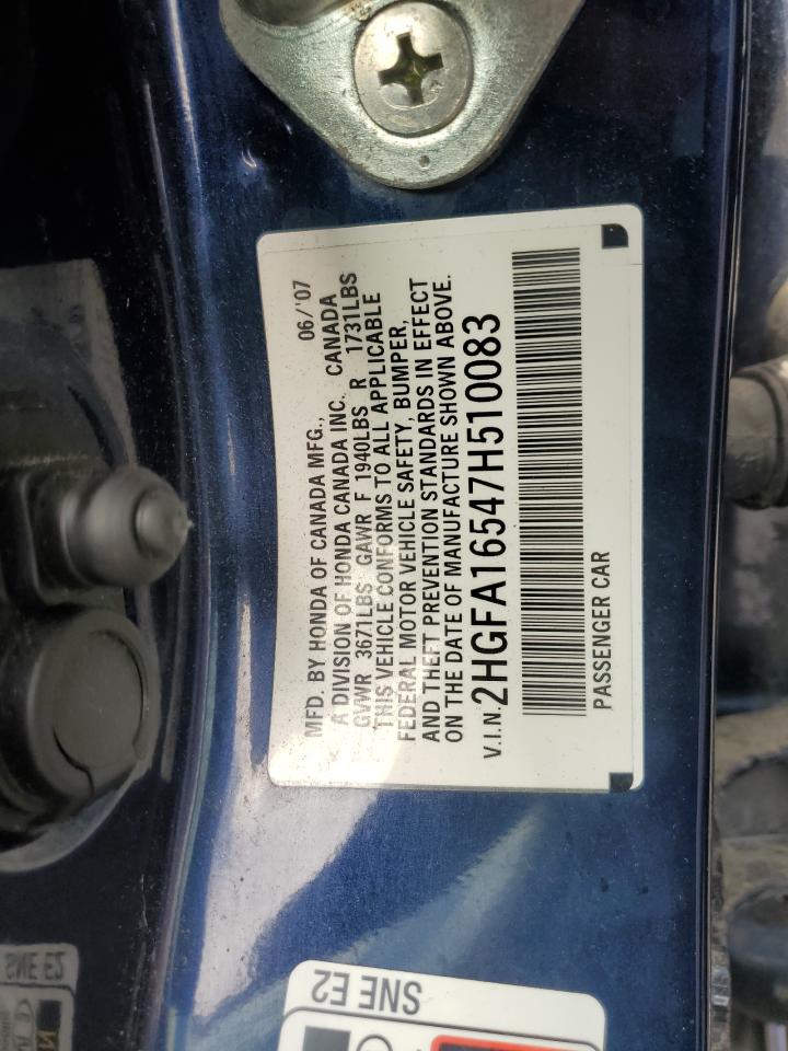 2007 Honda Civic Lx VIN: 2HGFA16547H510083 Lot: 80306865