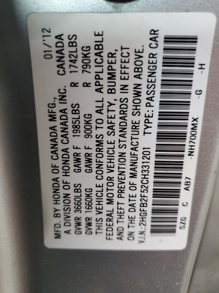 2012 Honda Civic Lx VIN: 2HGFB2F52CH331201 Lot: 82080525