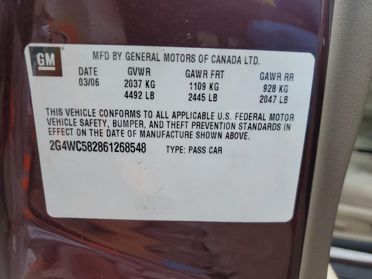 2006 Buick Lacrosse Cx VIN: 2G4WC582861268548 Lot: 84568185