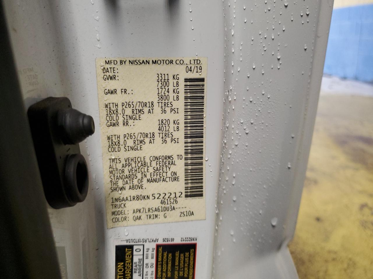 2019 Nissan Titan S VIN: 1N6AA1R80KN522212 Lot: 83981475