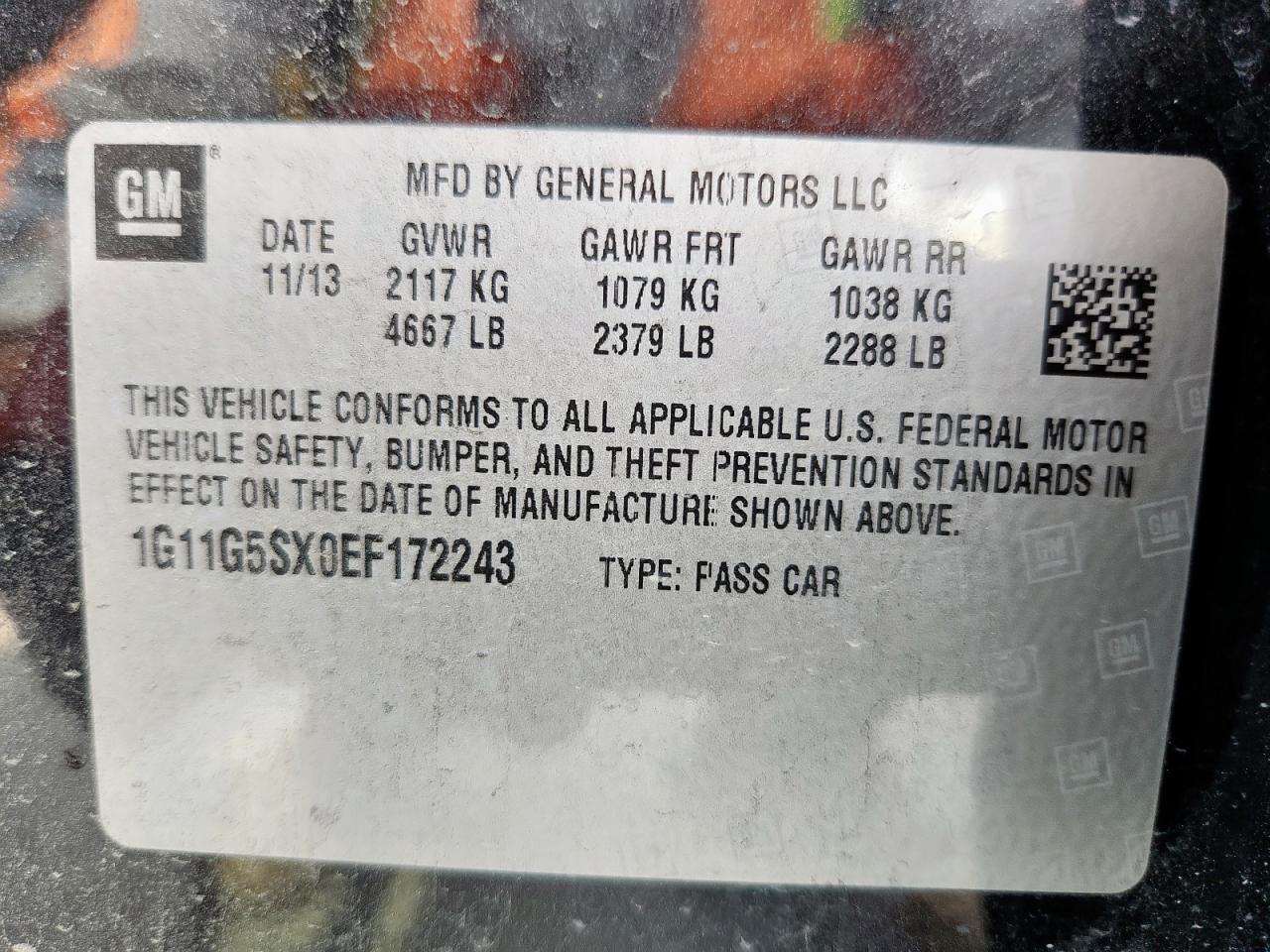 2014 Chevrolet Malibu 3Lt VIN: 1G11G5SX0EF172243 Lot: 72005665
