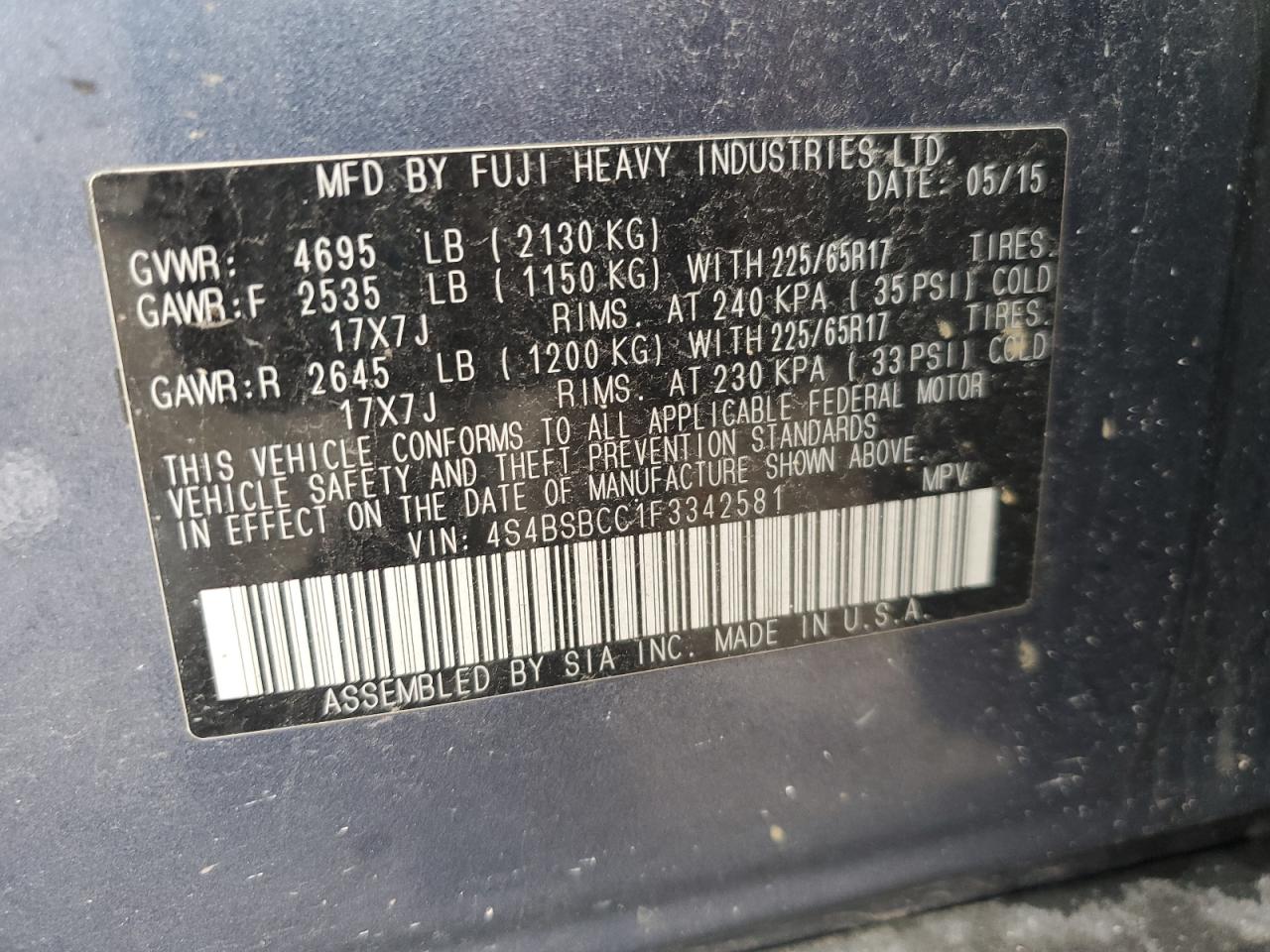 2015 Subaru Outback 2.5I Premium VIN: 4S4BSBCC1F3342581 Lot: 71590445