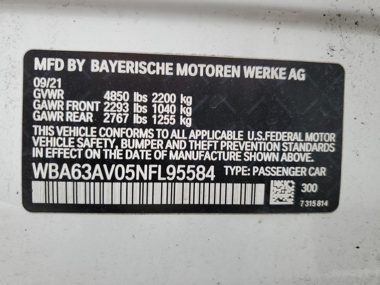 2022 BMW 430I Gran Coupe VIN: WBA63AV05NFL95584 Lot: 71659835