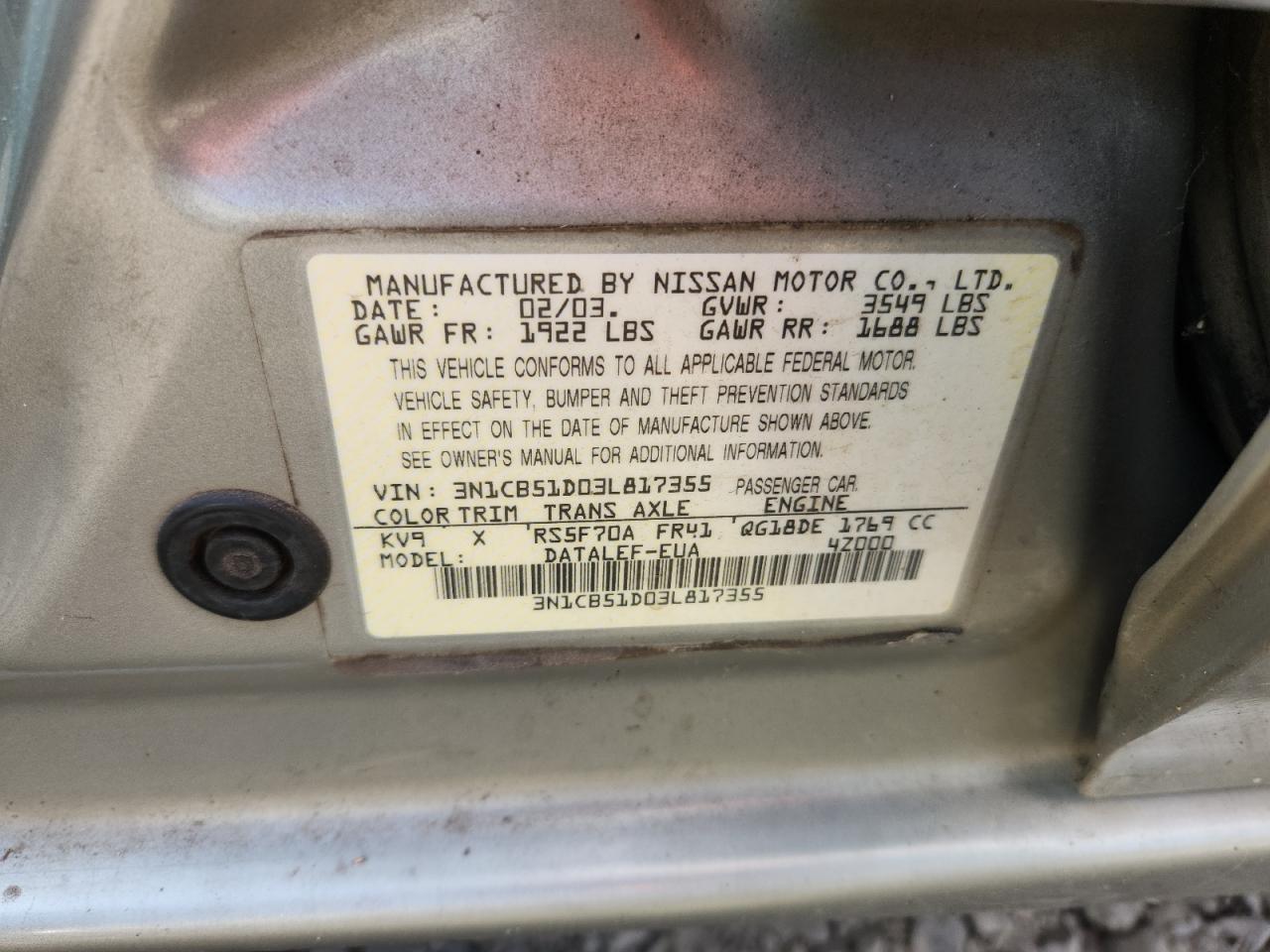 2002 Nissan Sentra Xe VIN: 3N1CB51D03L817355 Lot: 80013735