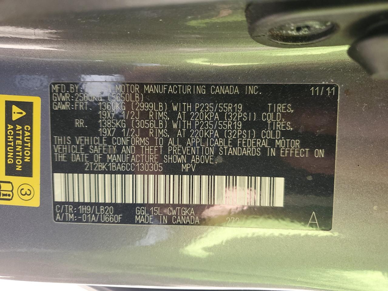 2012 Lexus Rx 350 VIN: 2T2BK1BA6CC130305 Lot: 84199345