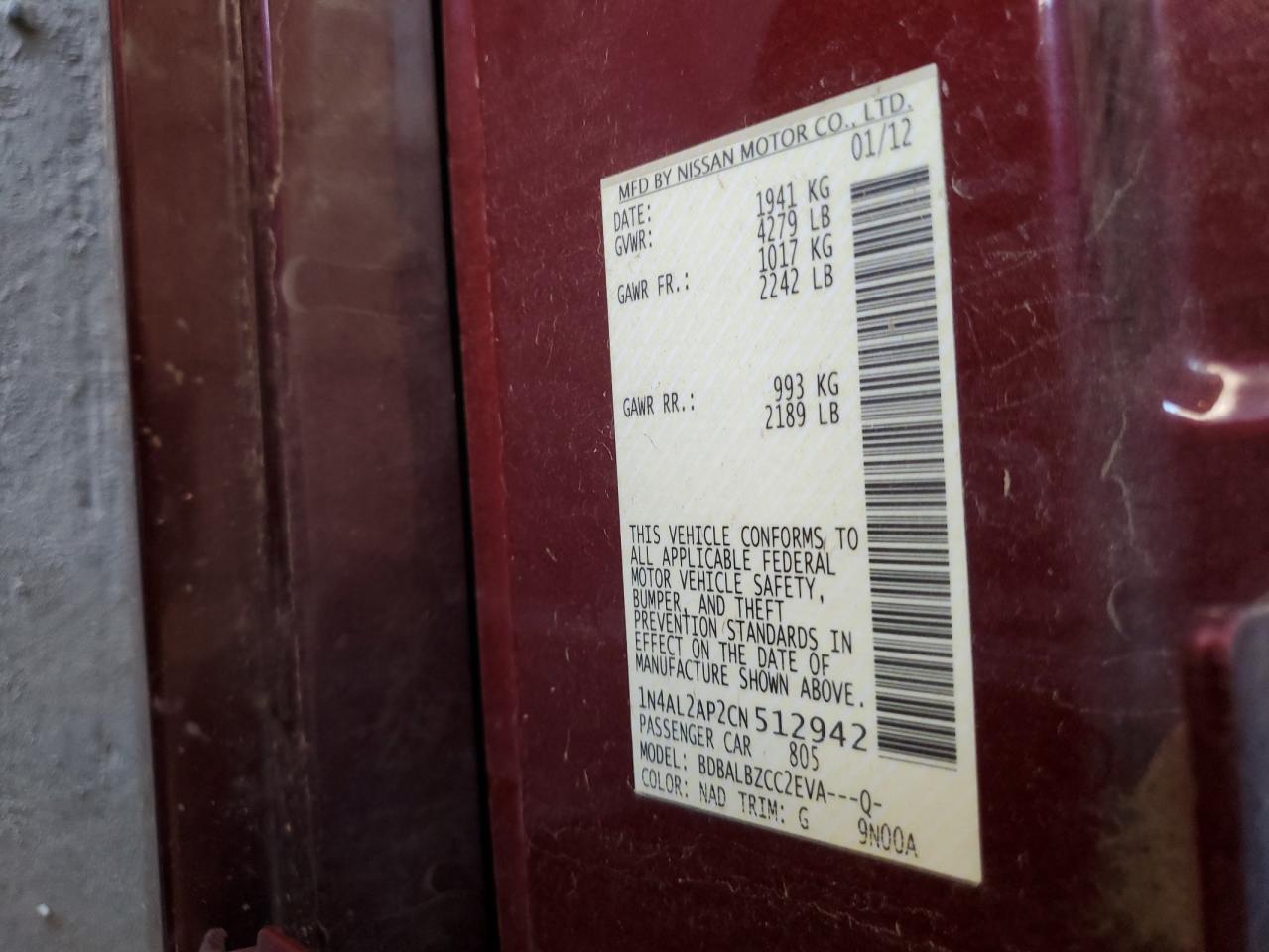 2012 Nissan Altima Base VIN: 1N4AL2AP2CN512942 Lot: 81866365