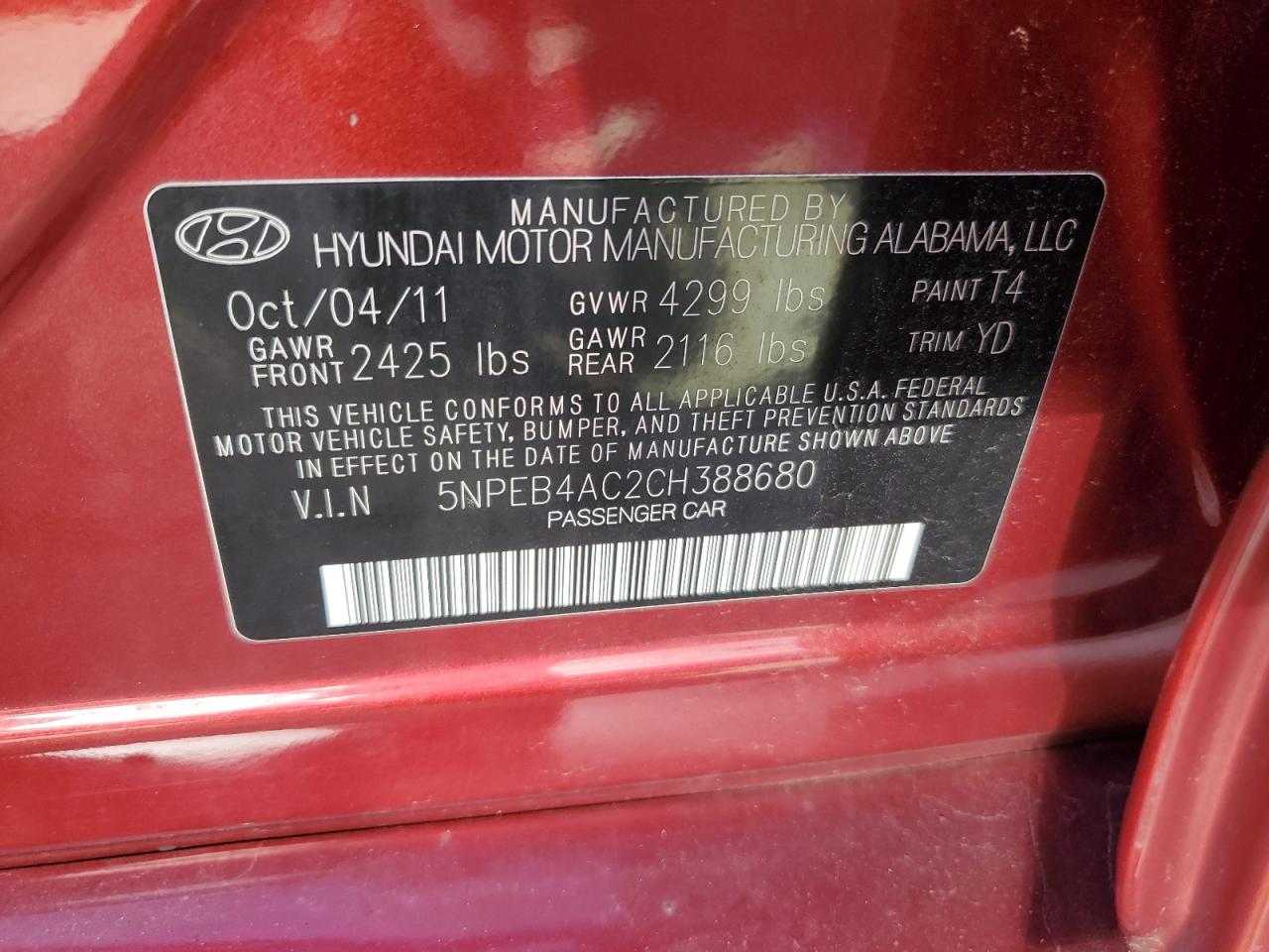 2012 Hyundai Sonata Gls VIN: 5NPEB4AC2CH388680 Lot: 81066615