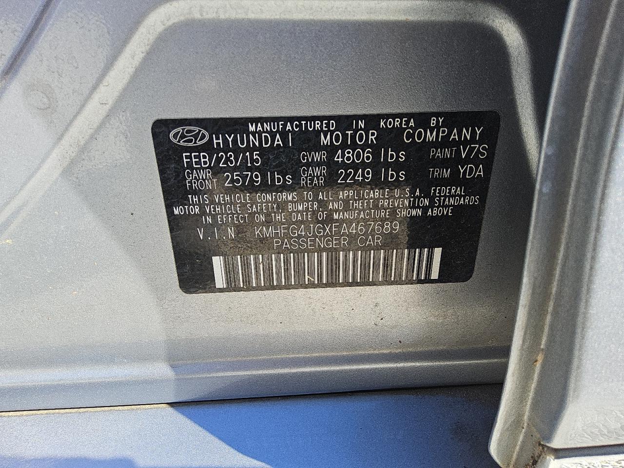 2015 Hyundai Azera VIN: KMHFG4JGXFA467689 Lot: 80814505