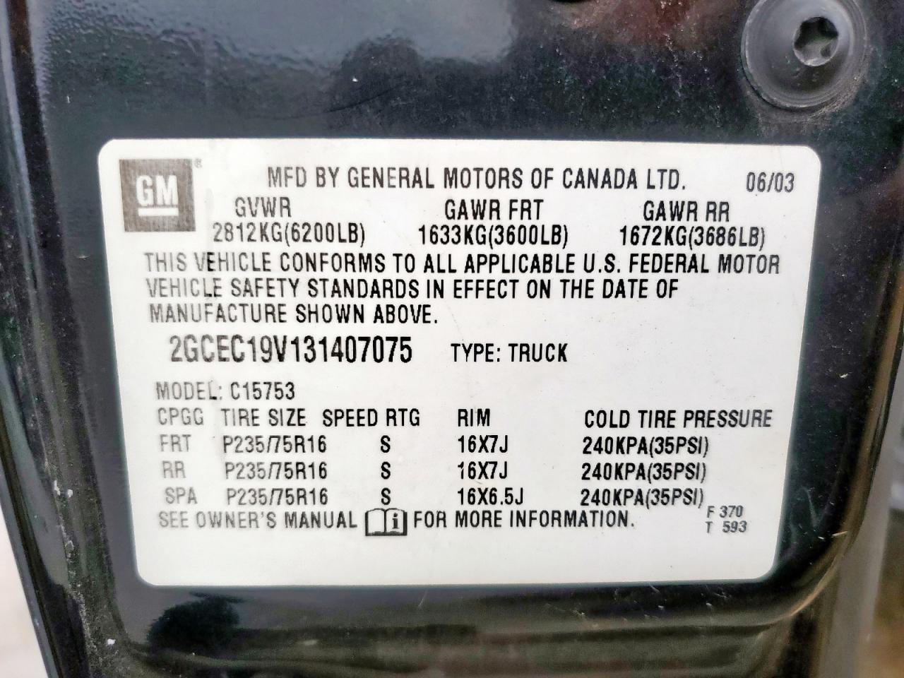 2003 Chevrolet Silverado C1500 VIN: 2GCEC19V131407075 Lot: 82038005