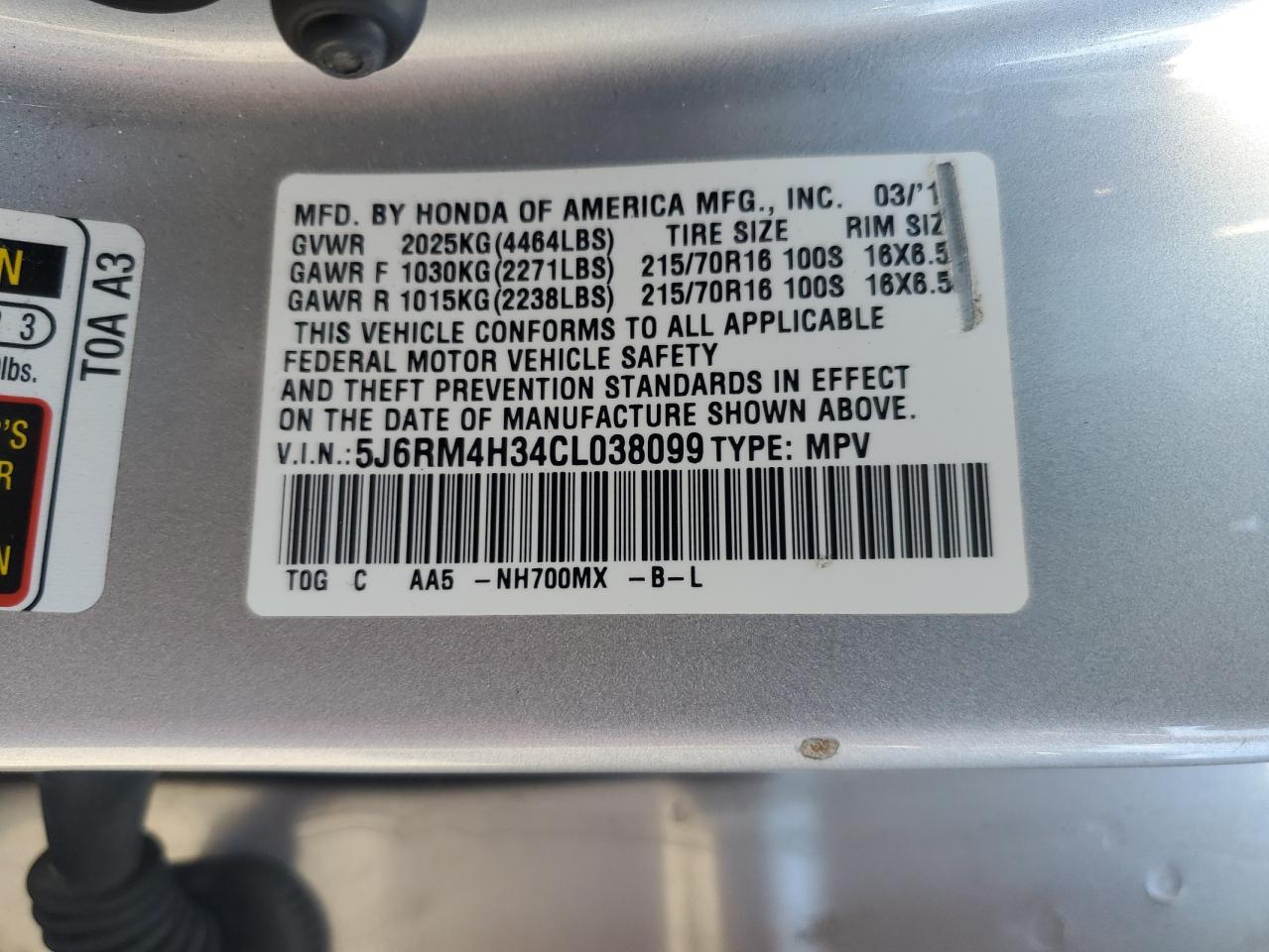 2012 Honda Cr-V Lx VIN: 5J6RM4H34CL038099 Lot: 81720865