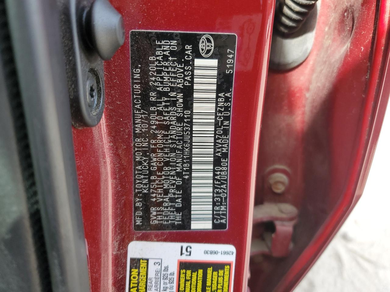 2018 Toyota Camry L VIN: 4T1B11HK6JU537110 Lot: 84447155